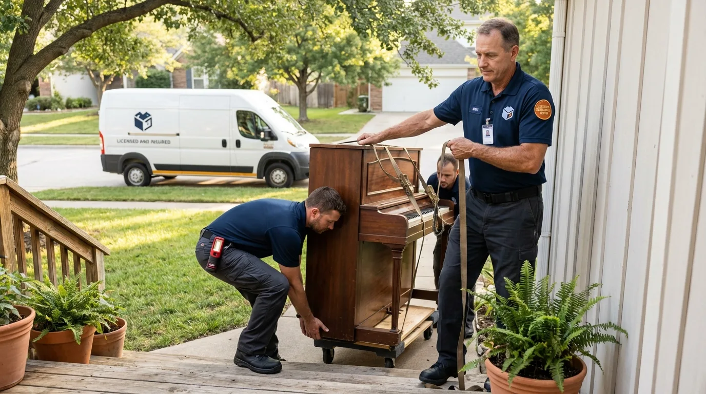 Licensed piano movers securing grand piano in Parkville, MD