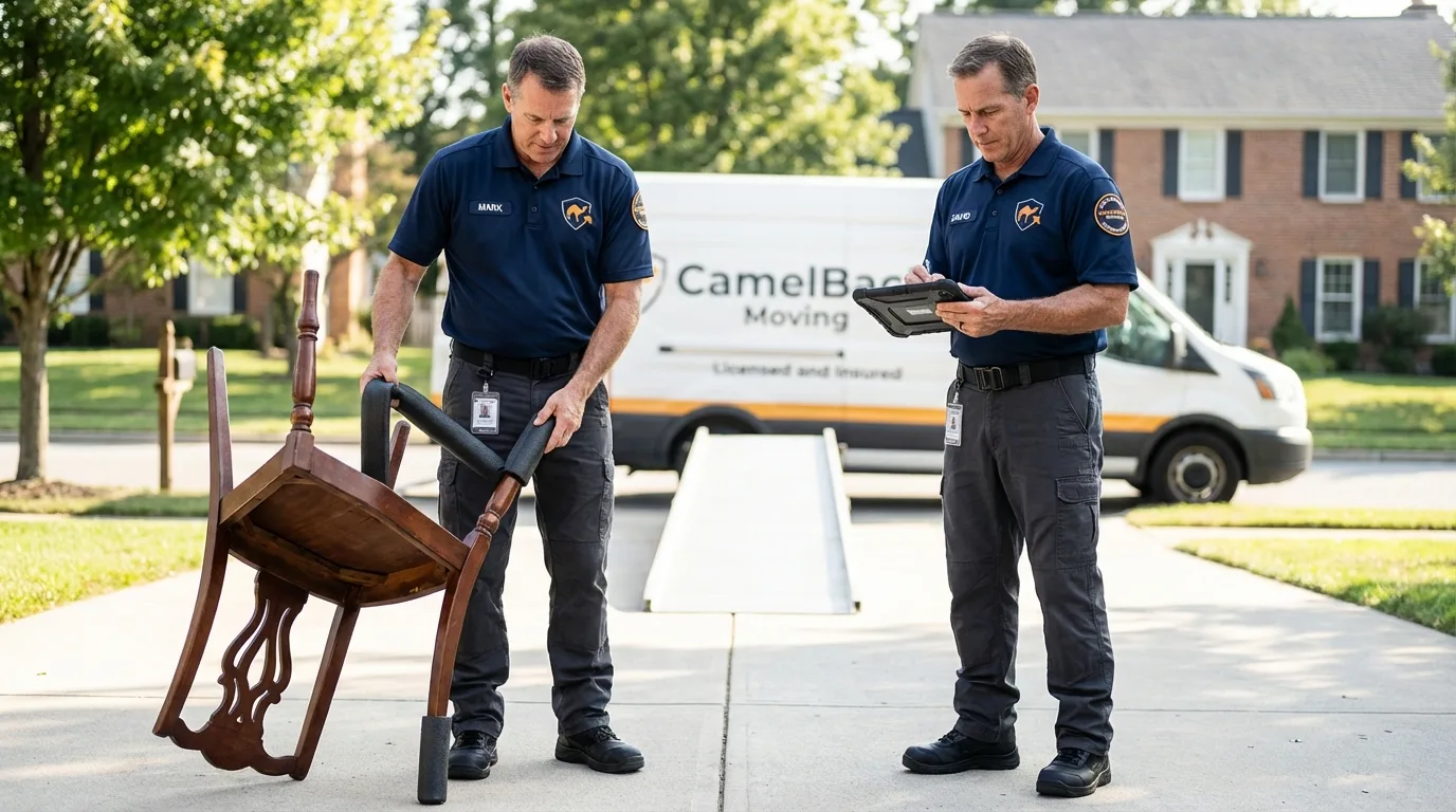 Movers inspecting furniture for damage prevention before loading in Parkville, MD