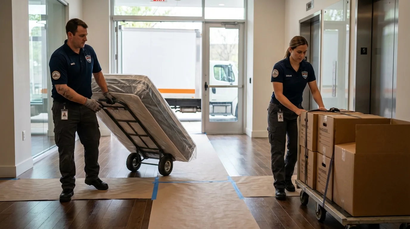 Professional apartment movers loading elevator in Parkville, MD
